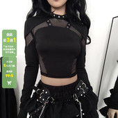 T恤女修身 WEEKEEP 暗黑机能风网格拼接镂空金属鸡眼长袖 短上衣潮