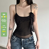 WEEKEEP 辣妹黑色性感立体花飘带网纱吊带百搭修身 显瘦不规则背心