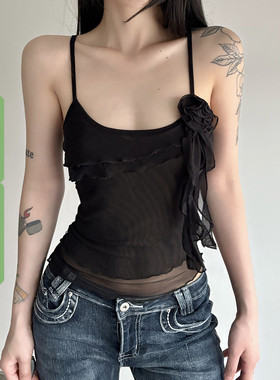 WEEKEEP 辣妹黑色性感立体花飘带网纱吊带百搭修身显瘦不规则背心