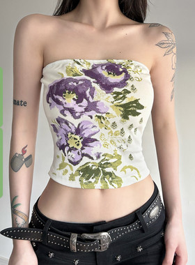 WEEKEEP 度假风辣妹紫色花卉印花露背抹胸性感百搭紧身针织背心
