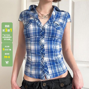 女紧身显瘦露腰百搭休闲上衣潮 衬衫 WEEKEEP Y2K辣妹蓝白格子短袖