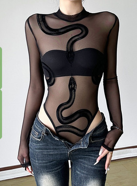 WEEKEEP 暗黑风蛇纹植绒印花网纱连体T恤女性感辣妹外穿跳舞上衣