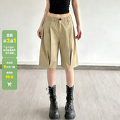 WEEKEEP 女百搭基础宽松显瘦休闲裤 美式 街头纯色褶皱口袋低腰中裤