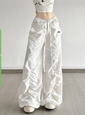 WEEKEEP 街头白色设计感双腰头褶皱休闲裤女低腰宽松阔腿长裤跳舞