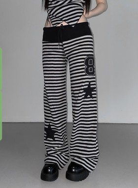 WEEKEEP 百搭休闲撞色条纹数字星星贴布休闲裤女低腰直筒宽松长裤