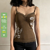 WEEKEEP 复古风蕾丝拼接撞色印花吊带背心辣妹百搭修身 显瘦上衣