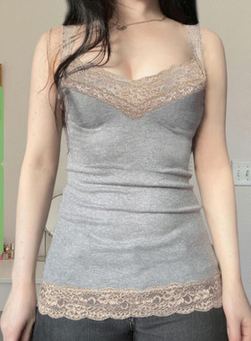 WEEKEEP 纯欲少女撞色蕾丝拼接吊带背心百搭修身收腰内搭打底上衣