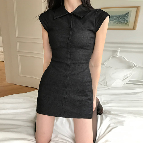WEEKEEP 休闲纯色仿牛仔POLO领短袖连衣裙修身微弹收腰包臀短裙
