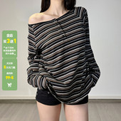 WEEKEEP 韩系休闲撞色条纹斜领两穿排扣长袖 T恤女百搭宽松上衣潮