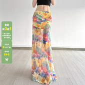WEEKEEP 小众夏日色彩油画风晕染印花网纱半身裙百搭修身 性感长裙