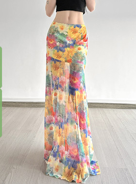 WEEKEEP 小众夏日色彩油画风晕染印花网纱半身裙百搭修身性感长裙