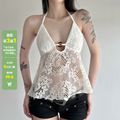 WEEKEEP 波西米亚度假风镂空蕾丝圆环挂脖系带露背A摆吊带背心