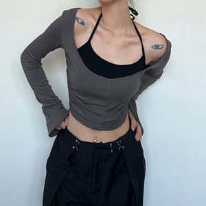 WEEKEEP纯色绑带挂脖吊带+大方领褶皱喇叭袖修身显瘦上衣两件套女