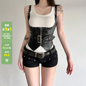 WEEKEEP 暗黑朋克铆钉拉链皮革吊带背心辣妹百搭外穿紧身收腰马甲