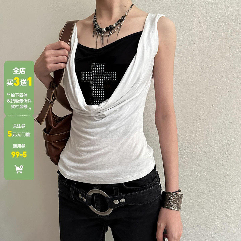 WEEKEEP 小众复古荡领假两件拼接十字架烫钻无袖背心露背收腰上衣,女装/女士精品,背心吊带,淘宝优惠券,粉丝福利购,淘宝优惠卷