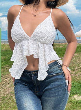 WEEKEEP 度假风辣妹V领性感不规则下摆吊带纯欲白色露背系带背心