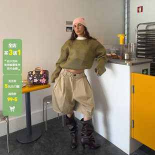 WEEKEEP 街头卡其色褶皱低腰休闲裤女百搭宽松阔腿显瘦五分中裤