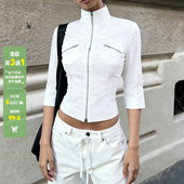 街头工装 风纯色立领拉链中袖 衬衫 WEEKEEP 女百搭基础修身 收腰上衣