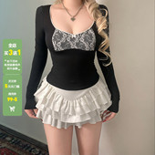 T恤百搭修身 WEEKEEP 辣妹性感蕾丝拼接蝴蝶结圆领长袖 打底上衣