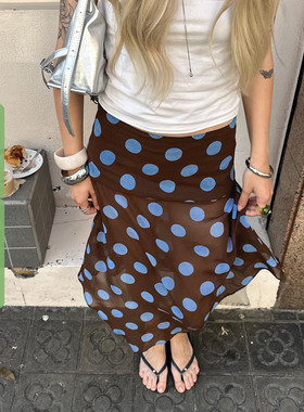 WEEKEEP 法式气质撞色波点网纱拼接不规则半身裙低腰A摆飘逸长裙