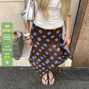 WEEKEEP 法式气质撞色波点网纱拼接不规则半身裙低腰A摆飘逸长裙