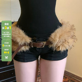 WEEKEEP 美式 复古辣妹性感毛毛拼接金属扣腰带小众百搭时髦皮带潮