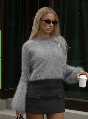 WEEKEEP 法式气质通勤灰色圆领灯笼袖毛衣女基础百搭宽松上衣秋冬