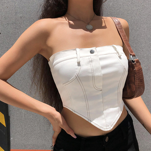 酷飒小众倒三角白色外穿抹胸女ins 拉链露背修身百搭短款上衣夏潮