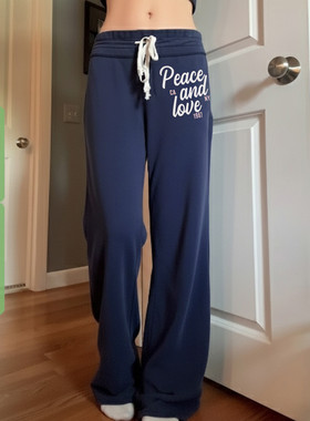 WEEKEEP 美式街头字母印花松紧腰系带休闲裤女直筒修身针织长裤