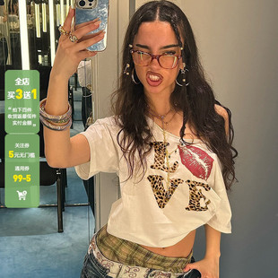 WEEKEEP 欧美辣妹个性豹纹字母印花短袖T恤女休闲百搭宽松上衣潮