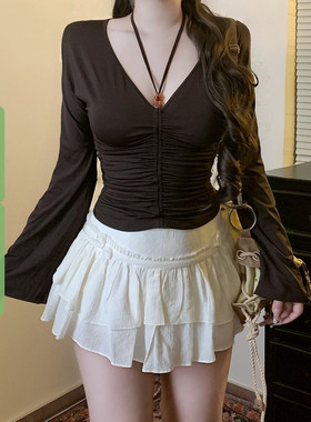 WEEKEEP 古着辣妹纯色V领性感串珠挂脖系带上衣褶皱收腰长袖T恤