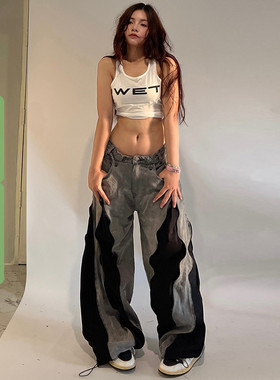 WEEKEEP 美式街头小众撞色拉链拼接休闲裤女百搭宽松显瘦跳舞长裤