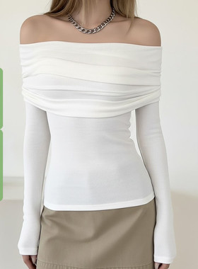 WEEKEEP 纯色气质翻边褶皱一字领露肩长袖T恤女百搭修身收腰上衣