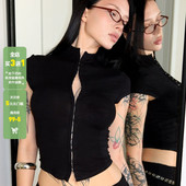 T恤女休闲百搭修身 WEEKEEP 街头纯色基础排扣立领短袖 显瘦短上衣