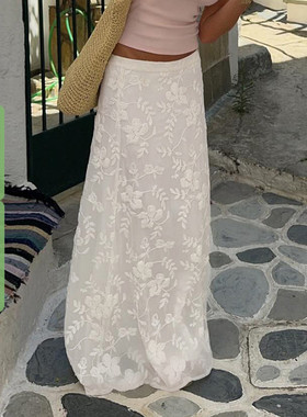 WEEKEEP 度假风白色勾花气质修身显瘦半身裙低腰垂感飘逸拖地长裙