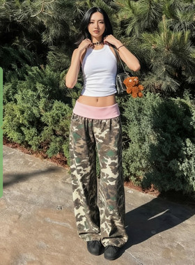 WEEKEEP 美式街头酷帅撞色拼接迷彩低腰休闲裤女百搭直筒跳舞长裤