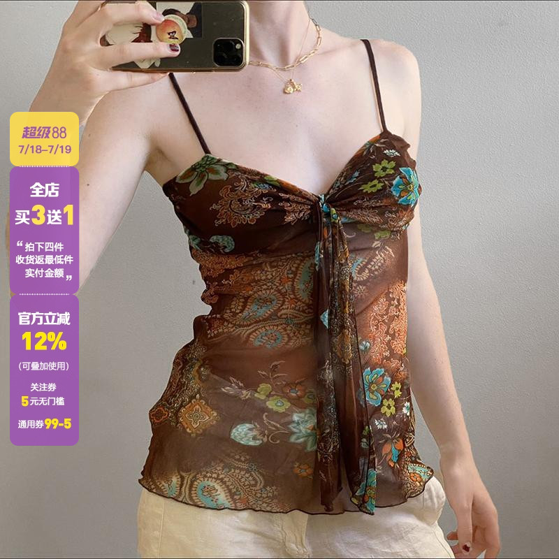 WEEKEEP 中古小众印花绑带设计吊带背心女古着感外穿网纱修身上衣