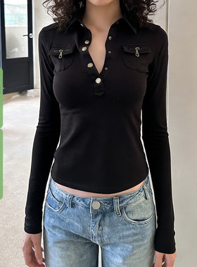 WEEKEEP 工装风黑色拉链口袋翻领排扣长袖T恤女百搭修身显瘦上衣