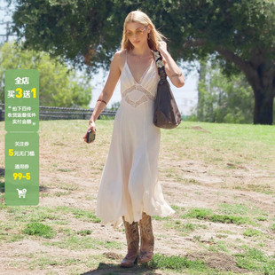 WEEKEEP 波西米亚度假风V领蕾丝拼接吊带连衣裙辣妹收腰A摆长裙