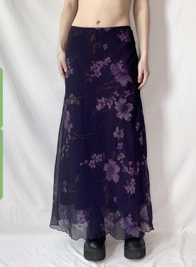 WEEKEEP 小众复古风紫色植物花卉印花网纱半身裙宽松直筒显瘦长裙