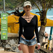 WEEKEEP 辣妹性感黑色荡领串珠设计长袖 连体衣百搭紧身内搭上衣潮