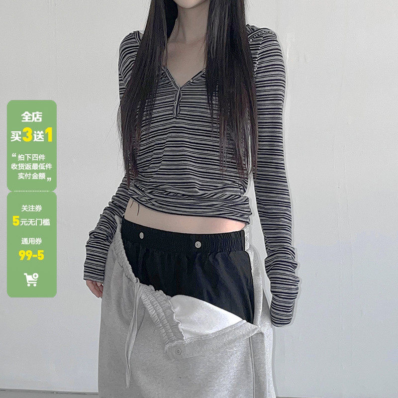 WEEKEEP 简约基础百搭条纹连帽排扣长袖T恤女显瘦内搭外穿上衣,女装/女士精品,T恤,淘宝优惠券,粉丝福利购,淘宝优惠卷