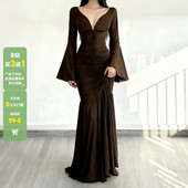 WEEKEEP 御姐风性感V领褶皱收腰喇叭袖 连衣裙垂感鱼尾礼服长裙