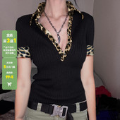 街头辣妹V领豹纹拼接针织短袖 WEEKEEP 美式 T恤百搭收腰显瘦上衣