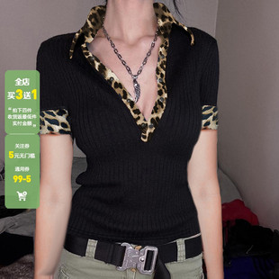 WEEKEEP 美式街头辣妹V领豹纹拼接针织短袖T恤百搭收腰显瘦上衣