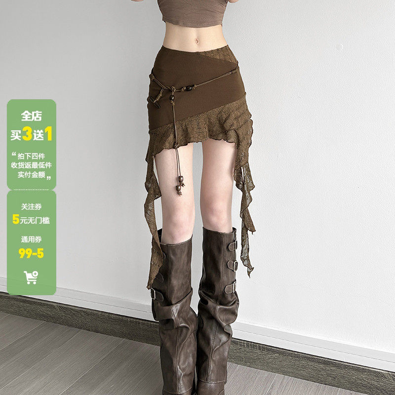 WEEKEEP 度假风复古不规则蕾丝拼接飘带半身裙辣妹包臀低腰短裙