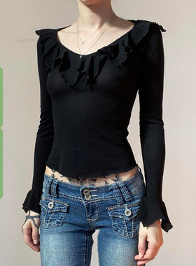 WEEKEEP 黑色荷叶边圆领修身显瘦喇叭袖上衣女百搭基础长袖T恤