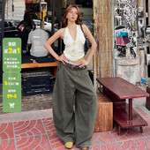 女宽松显瘦垂感跳舞长裤 WEEKEEP 街头百搭军绿色分割弯刀牛仔裤 潮