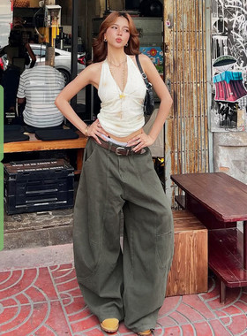 WEEKEEP 街头百搭军绿色分割弯刀牛仔裤女宽松显瘦垂感跳舞长裤潮