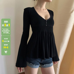 WEEKEEP T恤女百搭打揽收腰显瘦上衣 黑色简约V领蕾丝拼接A摆长袖